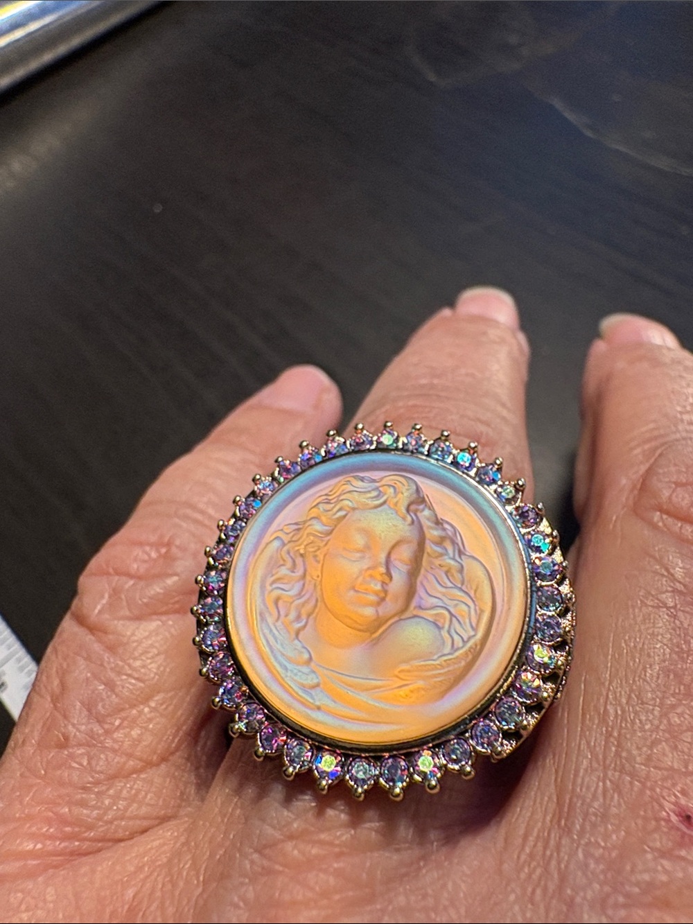 Kirks Folly Iridescent Angel Cameo Ring with Rainbow Accents
